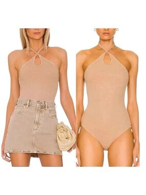 Enza Costa Silk Blend Ribbed Keyhole Halter Bodysuit Oat Milk L